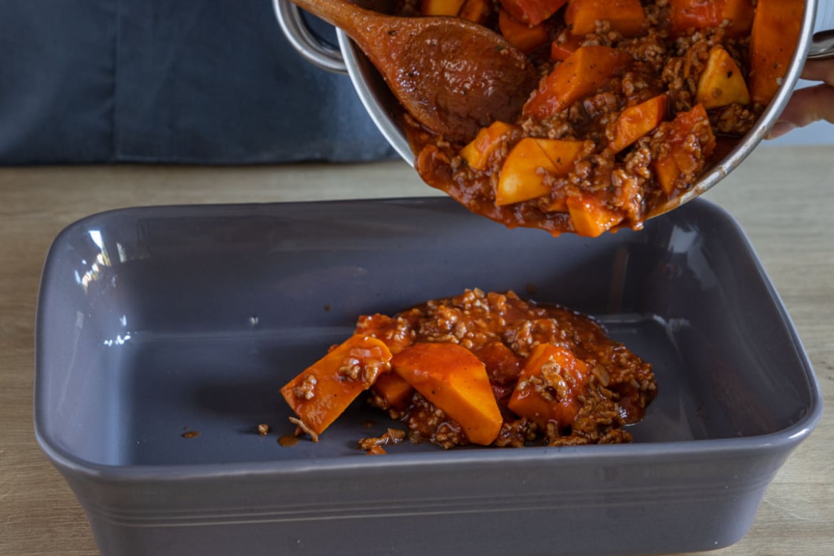 Kürbisauflauf mit Hackfleisch und Feta