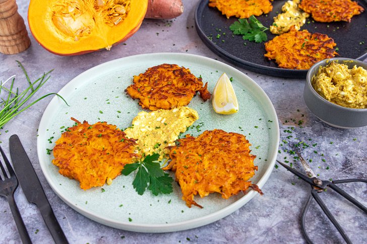 Süßkartoffelpuffer mit Kürbis