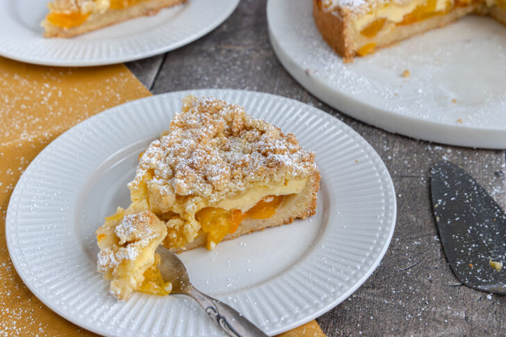 Aprikosenkuchen mit Pudding und Streuseln