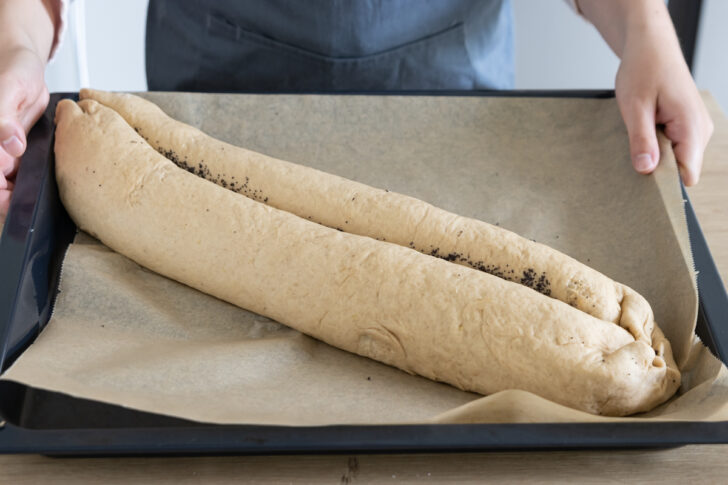 Mohnstollen aufs Backblech geben
