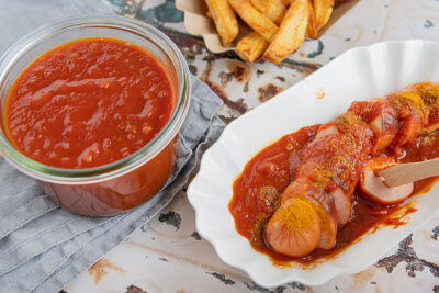 Currywurst-Sauce mit Wurst und Pommes