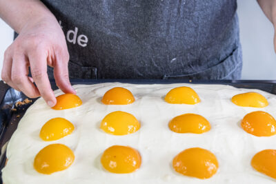 Aprikosenhälften auf dem Spiegeleikuchen vom Blech platzieren