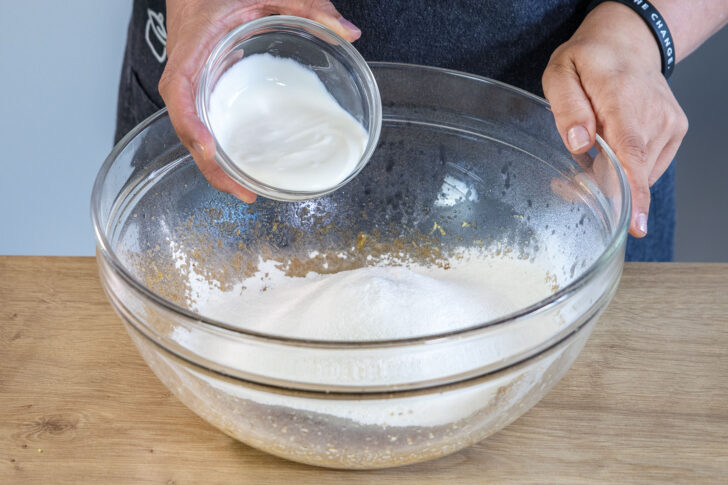 Sojajoghurt mit in die Schüssel geben