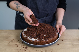 Kuchenbrösel auf Kuchen verteilen