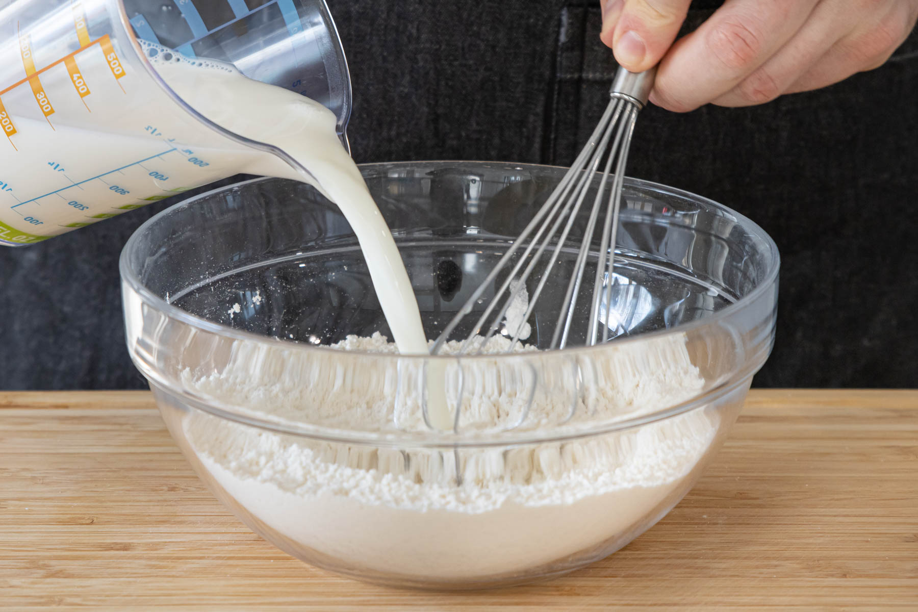 Milch dazugießen und zu einem glatten Teig rühren