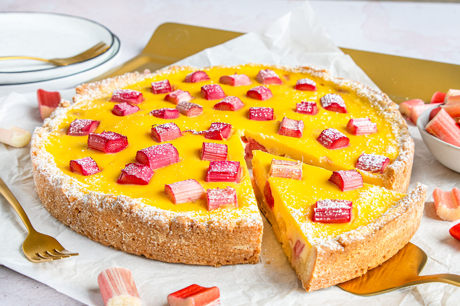 Rhabarberkuchen mit Vanillepudding