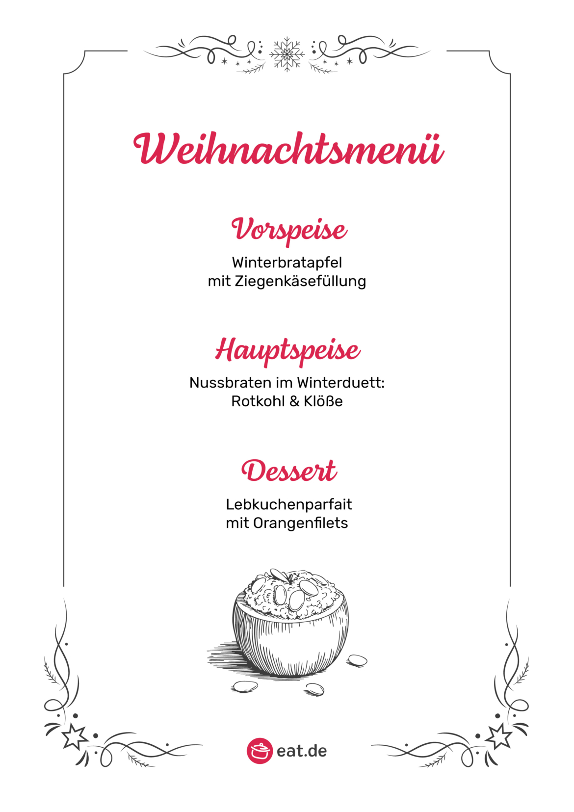 Menükarte vegetarisches Weihnachtsessen