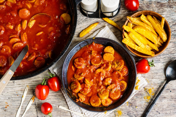 Currywursttopf aus dem Dutch Oven mit Pommes