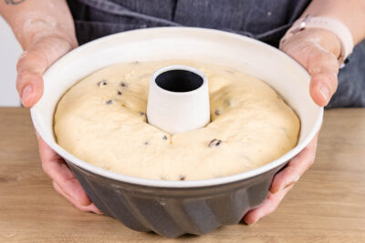 Aufgegangener Hefeteig in der Gugelhupfform