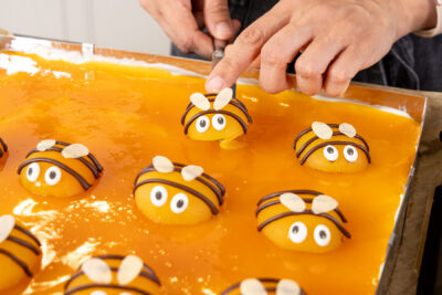 Aprikosen-Bienen auf den Bienenkuchen platzieren
