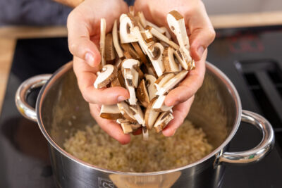 Champignons in den Topf geben