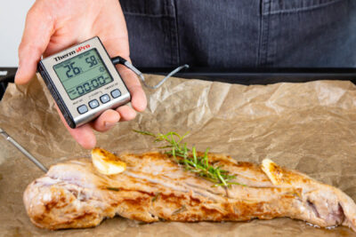 Fleischthermometer ins Schweinefilet stecken und in Backofen geben