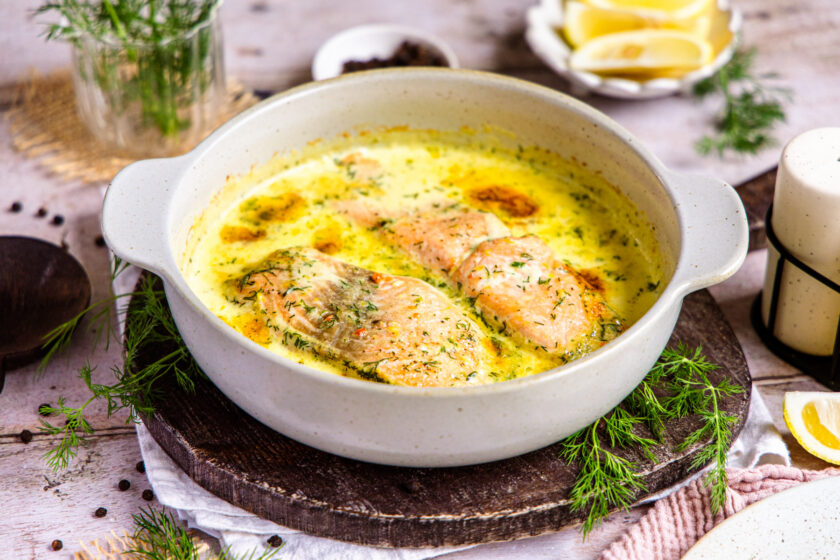 Lachsauflauf in Sahnesoße