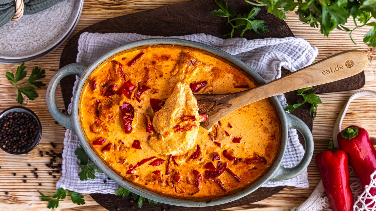 Paprika-Sahne-Hähnchenpfanne aus dem Backofen
