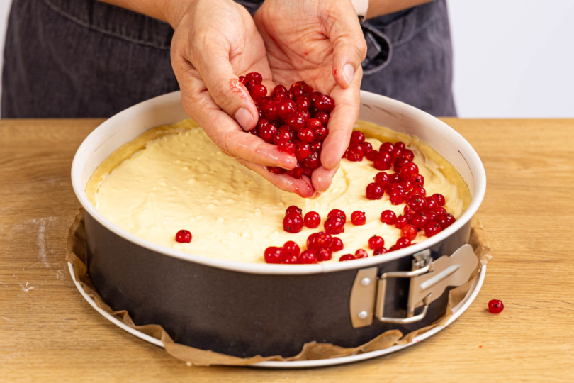 Quarkmasse und Johannisbeeren auf dem Mürbeteigoden verteilen