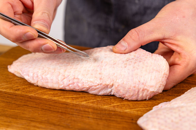 Federreste mit Pinzette entfernen