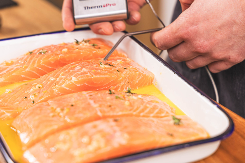 Kernthermometer im Fisch eingestochen