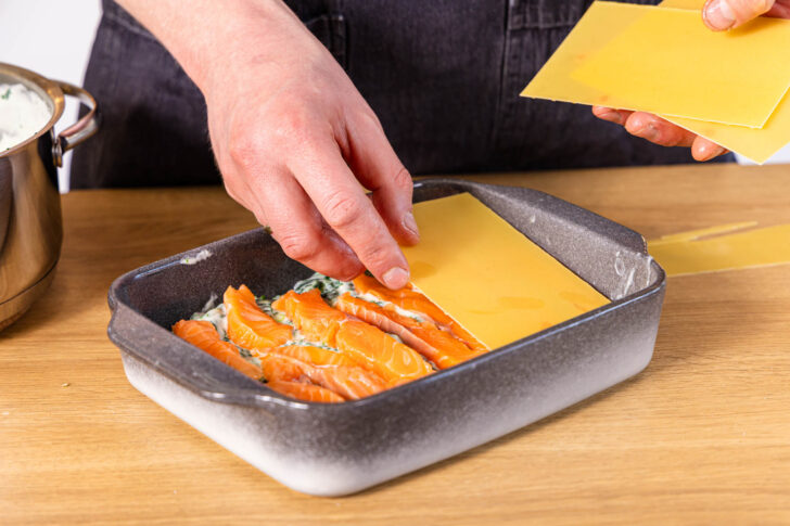 Lasagneblätter auf Lachsschicht legen