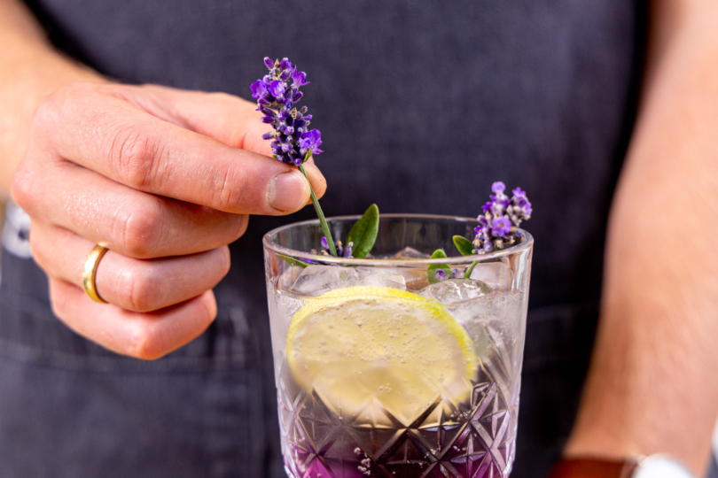 Lavendel Spritz mit Zitrone und frischem Lavendel dekorieren