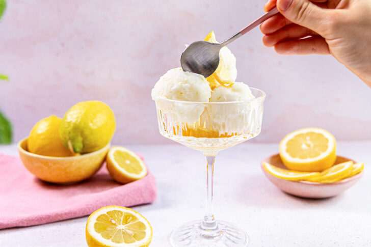 Zitronensorbet in einer Dessertschale mit frischen Zitronen