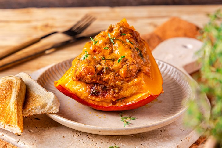 Gefüllter Kürbis mit Hackfleisch angeschnitten